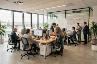 Vue d'ensemble d'un bureau technologique moderne à Lyon avec des professionnels collaborant, représentant les ESN du Rhône