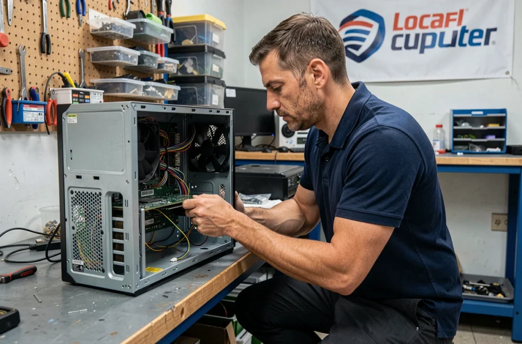 Technicien de Microfacile33 réparant un ordinateur de bureau dans son atelier de proximité en Gironde