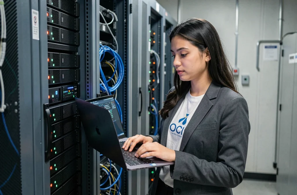 Ingénieure cloud devant des serveurs dans un datacenter, représentant OCI et ses services d'infrastructure dans le Rhône