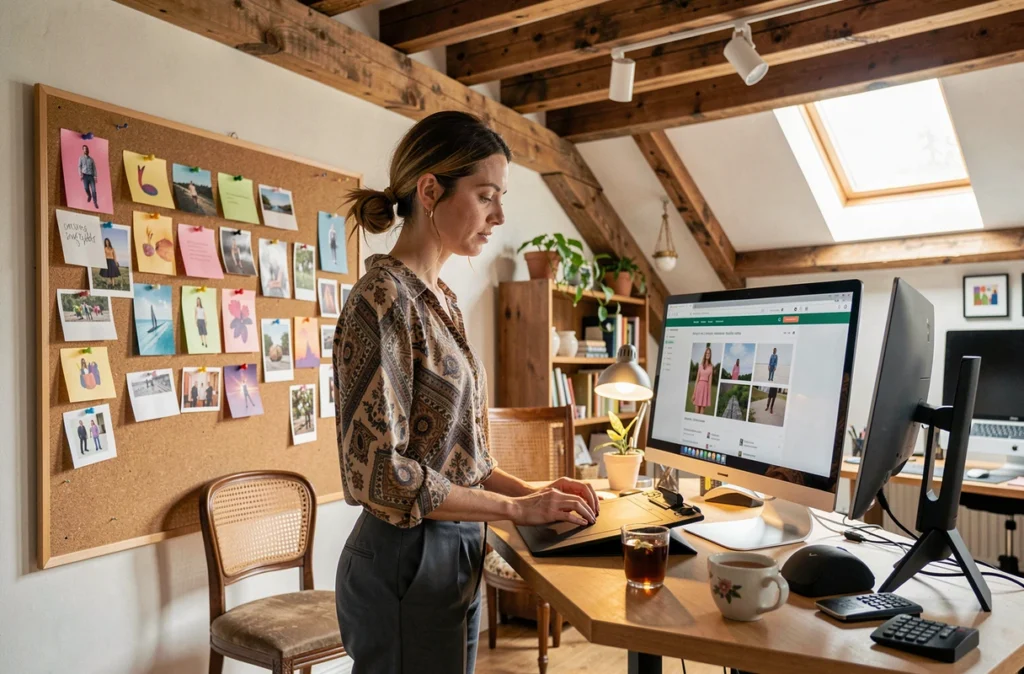 Designer de l'agence Oli-via-net travaillant sur la mise en page d'un site e-commerce dans son studio créatif