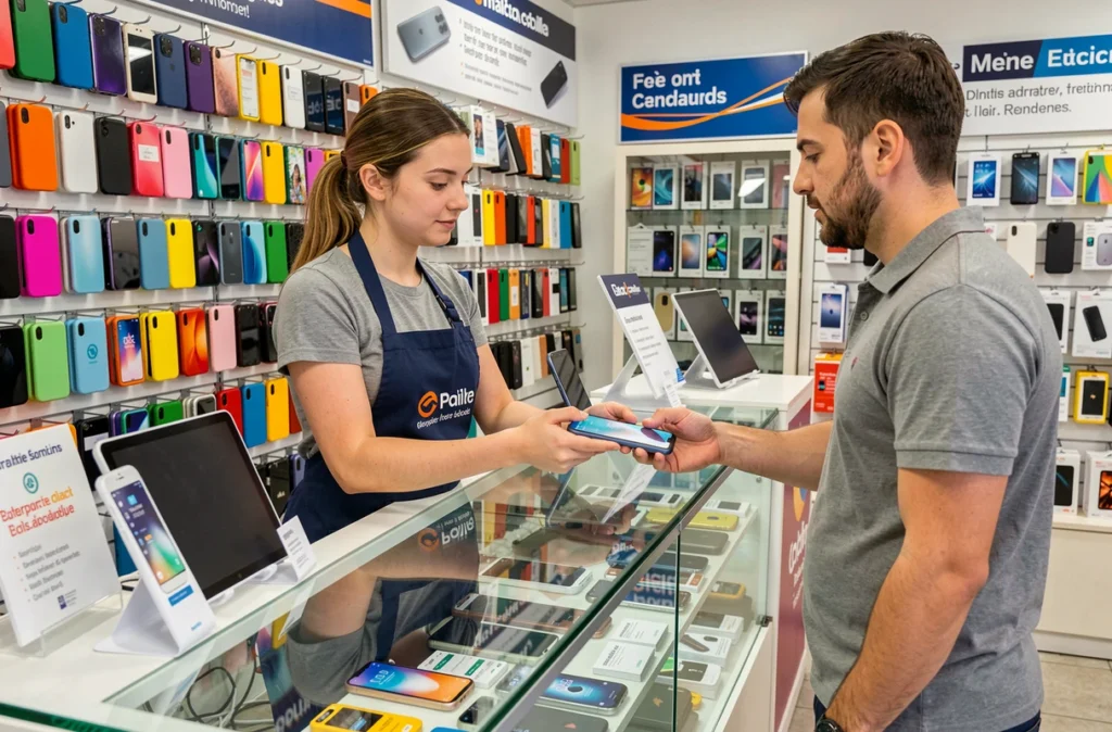 Employée de Phone and Color'S remettant un smartphone réparé à un client dans la boutique en Gironde