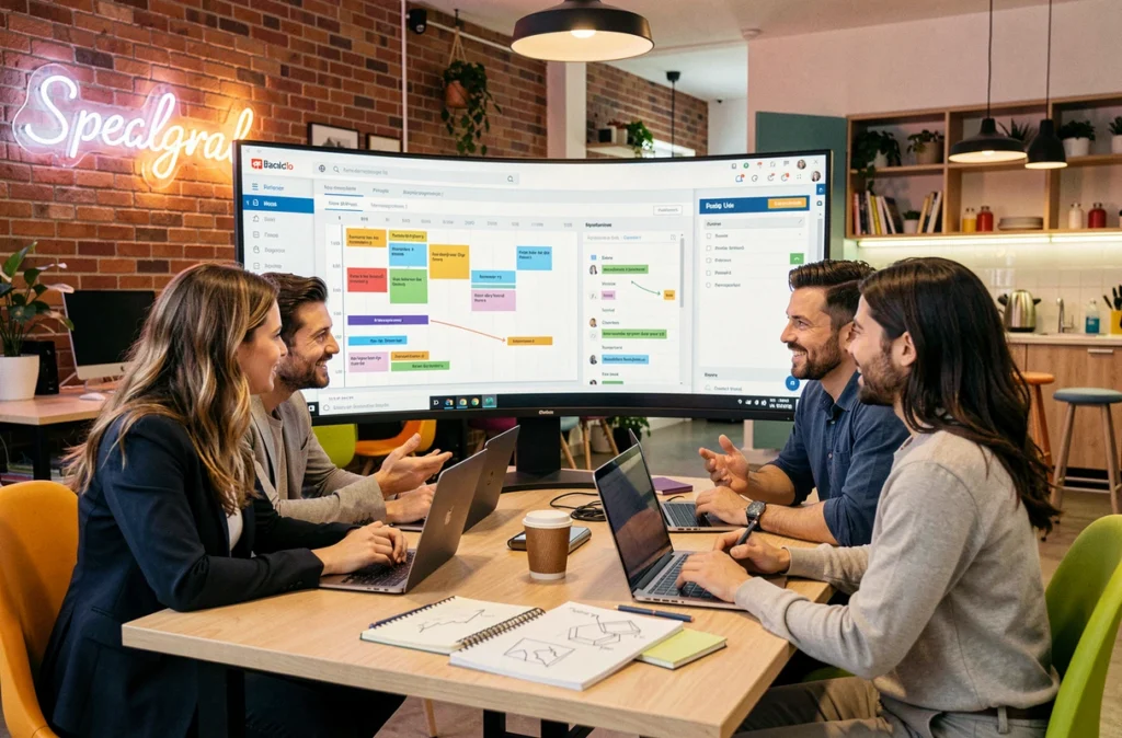 L'équipe de Pilot'in discutant d'un tableau de bord de gestion de projet web dans leurs bureaux dynamiques