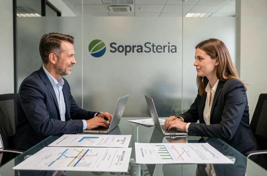 Deux consultants en réunion dans les bureaux de Sopra Steria, ESN reconnue implantée dans le Rhône