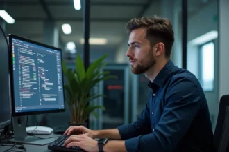 Technicien réseau analysant une adresse IP v4 sur un outil en ligne depuis son bureau professionnel