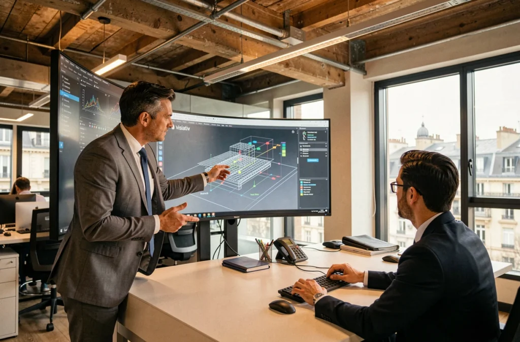 Consultant présentant un modèle 3D à des ingénieurs dans les bureaux de Visiativ, spécialiste de la transformation digitale dans le Rhône