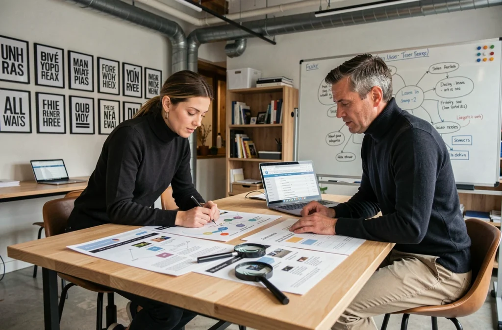 L'équipe créative de Whodunit examinant des storyboards UX et des parcours utilisateurs dans leur studio des Yvelines