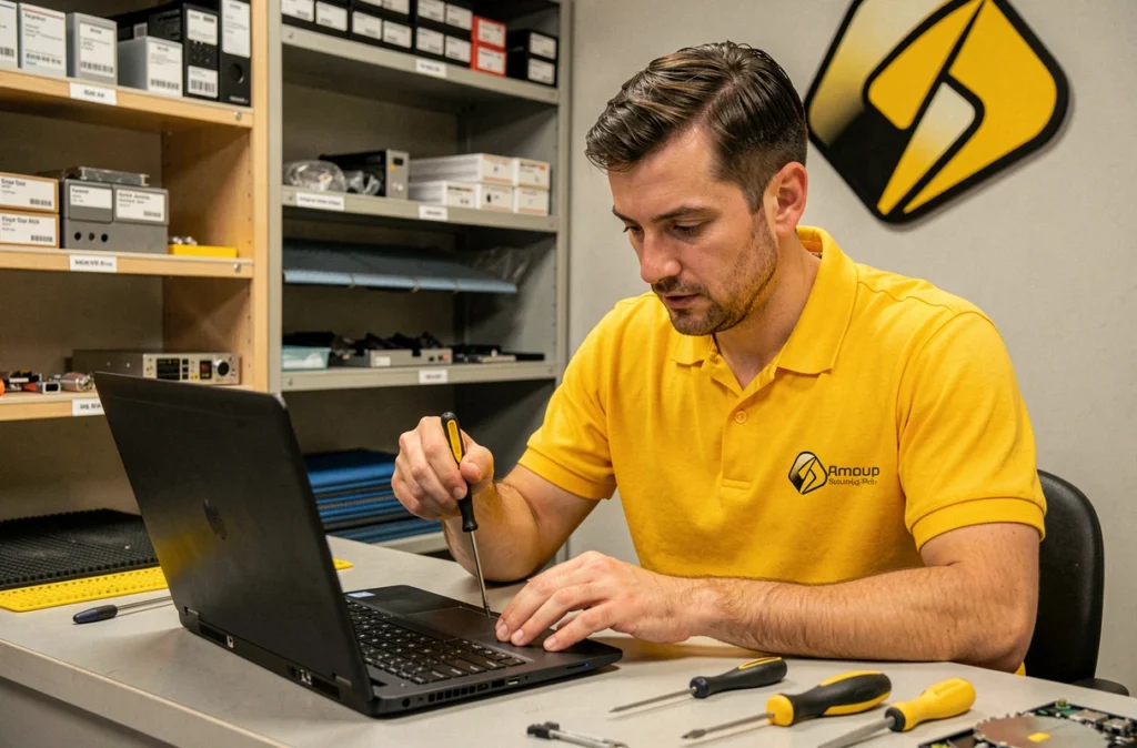 Technicien de Yellow Informatique réparant un ordinateur portable dans son atelier en Gironde
