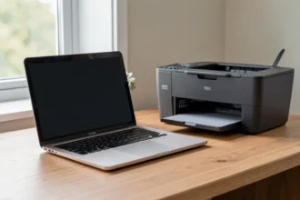 MacBook posé près d'une imprimante de bureau