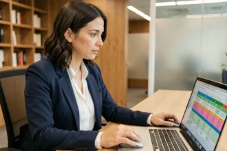 Femme professionnelle utilisant un tableur Excel pour créer un publipostage personnalisé au bureau