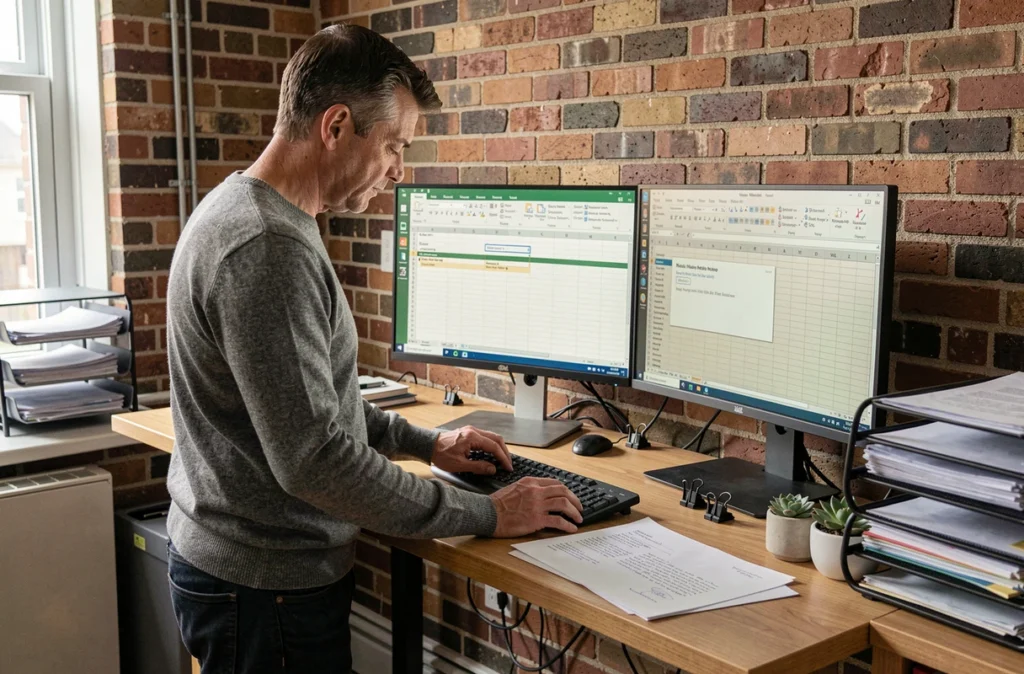 Homme travaillant sur un publipostage Excel et Word dans un bureau à domicile avec documents imprimés